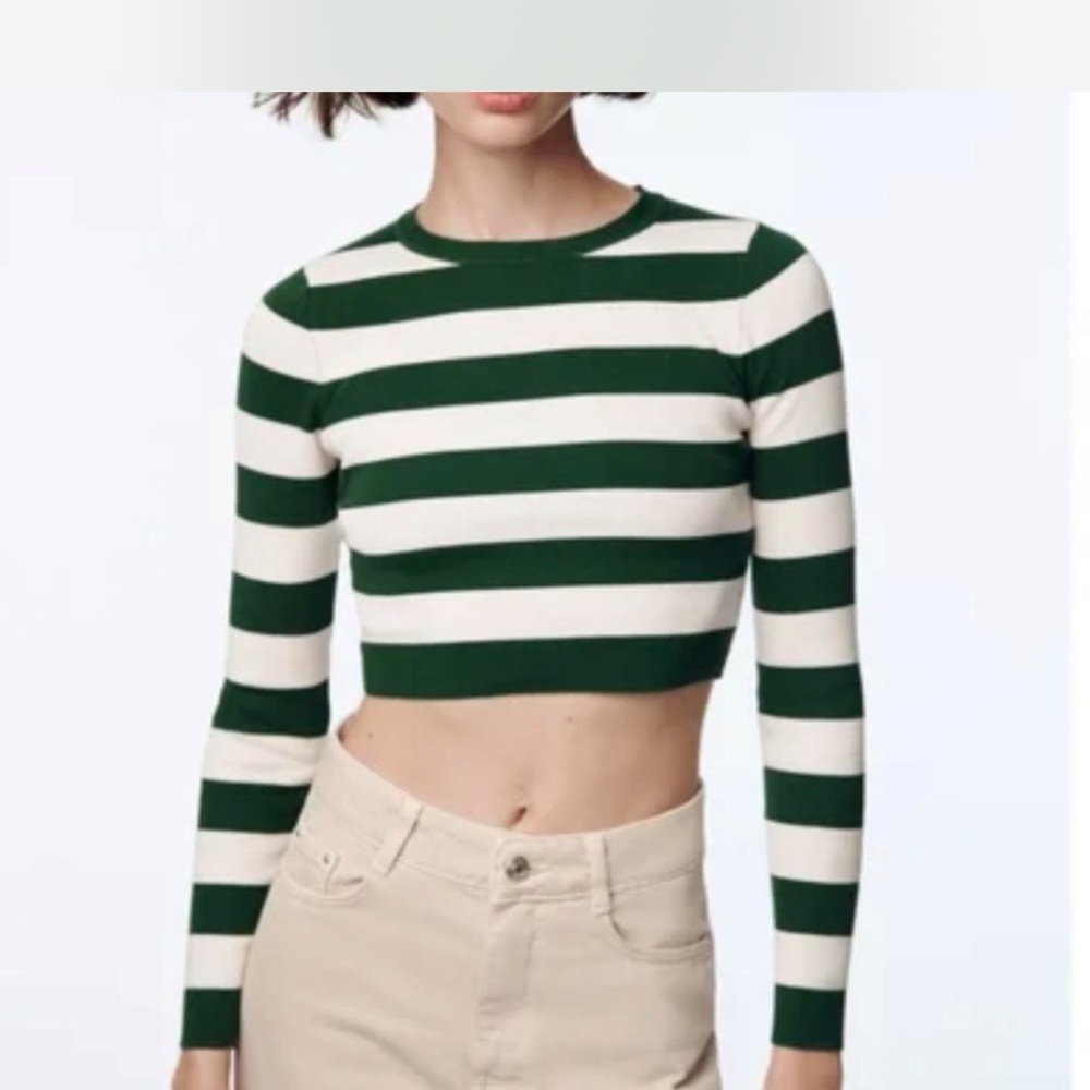 Zara Green and White Striped Crop Top